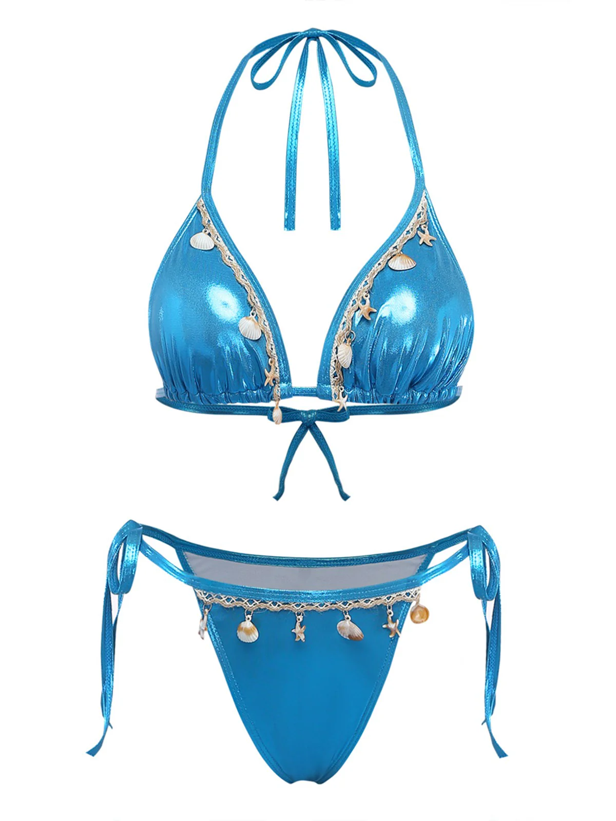Blau 1980er Metallic Muschel Halter Bikini Set - Image 2