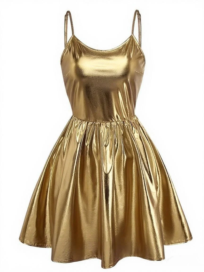 1980er Metallisch Spaghetti Träger Party Kleid - Image 3