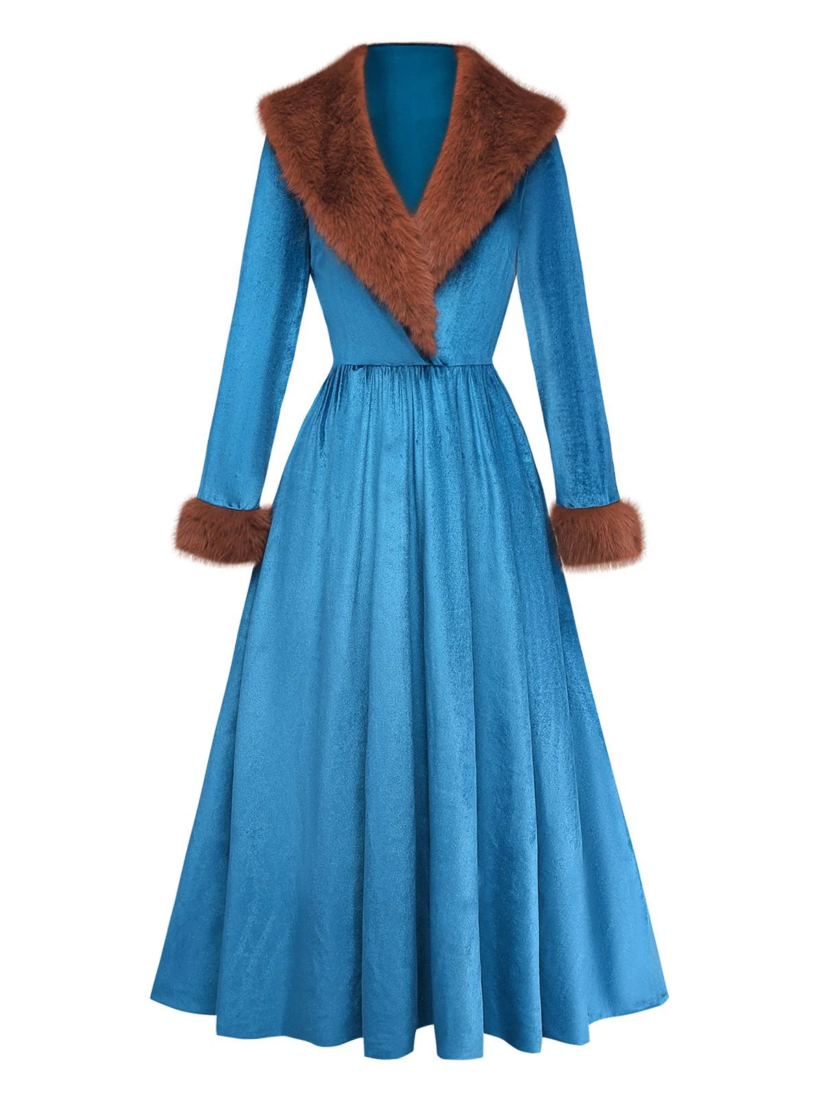 Blau 1980er Pelz Kragen Patchwork Maxi Kleid - Image 2
