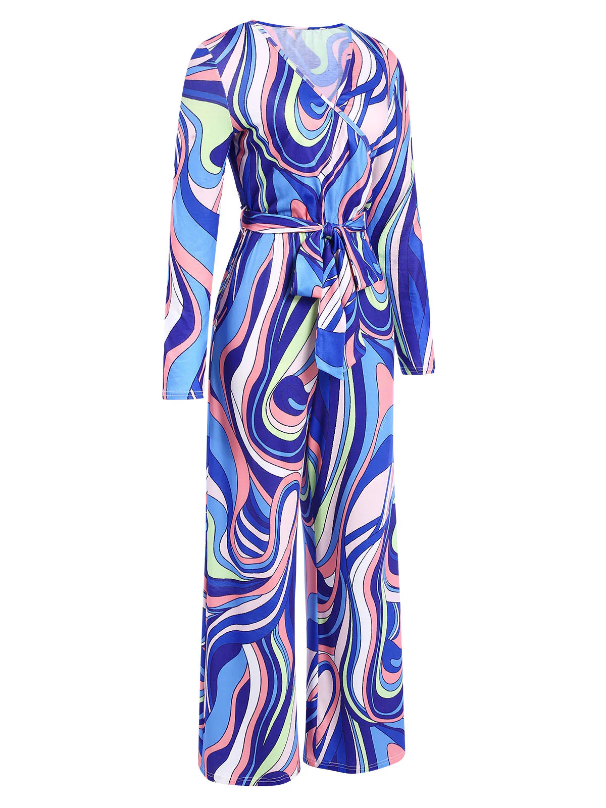 Blau 1980er Psychedelischer Druck Taillenbund Jumpsuit - Image 2