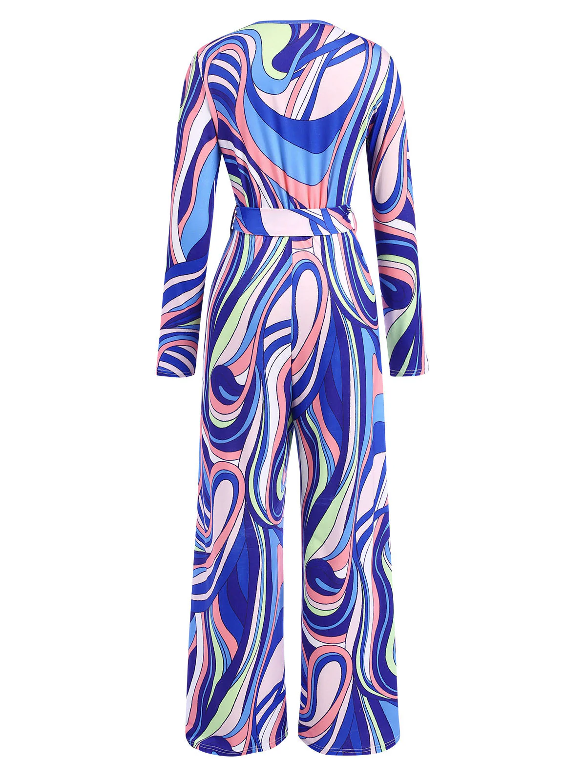 Blau 1980er Psychedelischer Druck Taillenbund Jumpsuit - Image 3