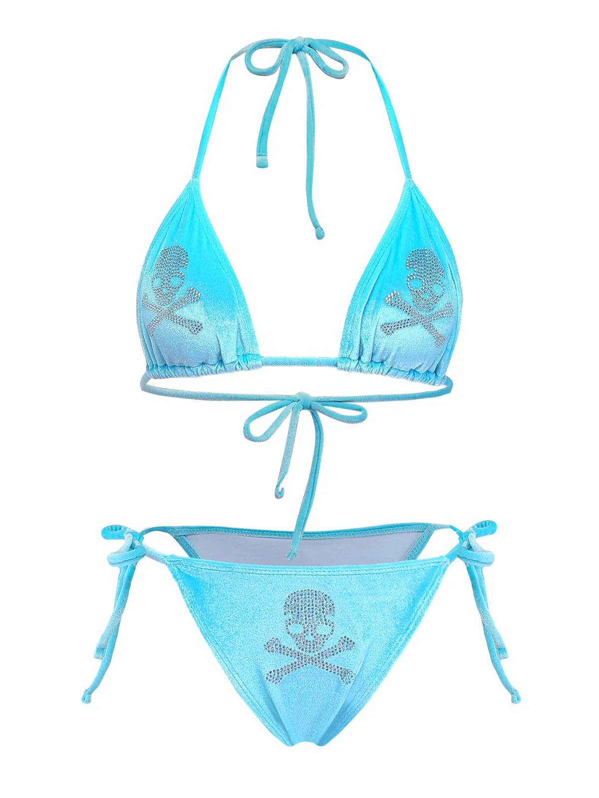 Blau 1980er Samt Strassstein Totenkopf Druck Bikini Set - Image 2