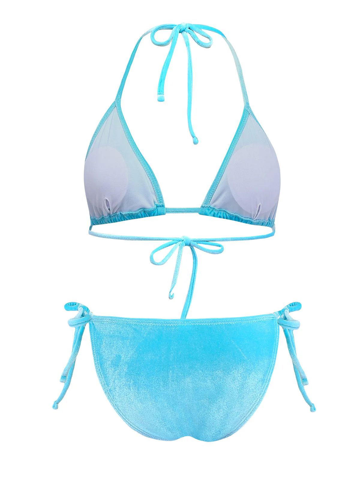 Blau 1980er Samt Strassstein Totenkopf Druck Bikini Set - Image 3
