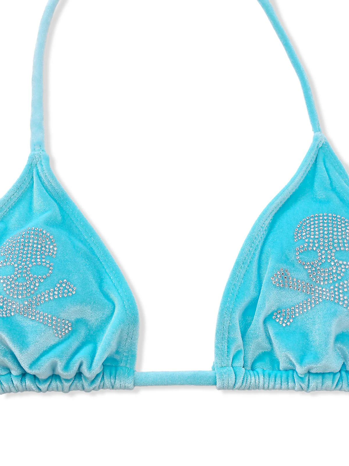 Blau 1980er Samt Strassstein Totenkopf Druck Bikini Set - Image 4