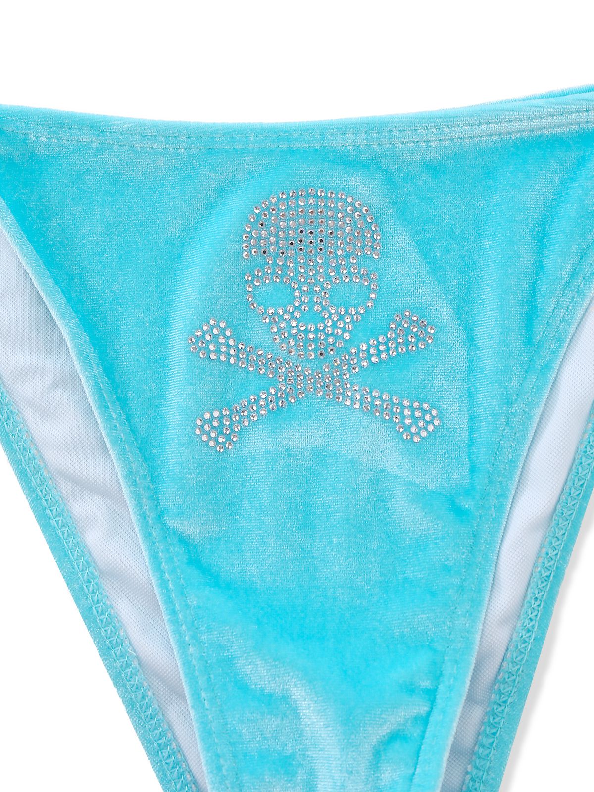 Blau 1980er Samt Strassstein Totenkopf Druck Bikini Set - Image 5