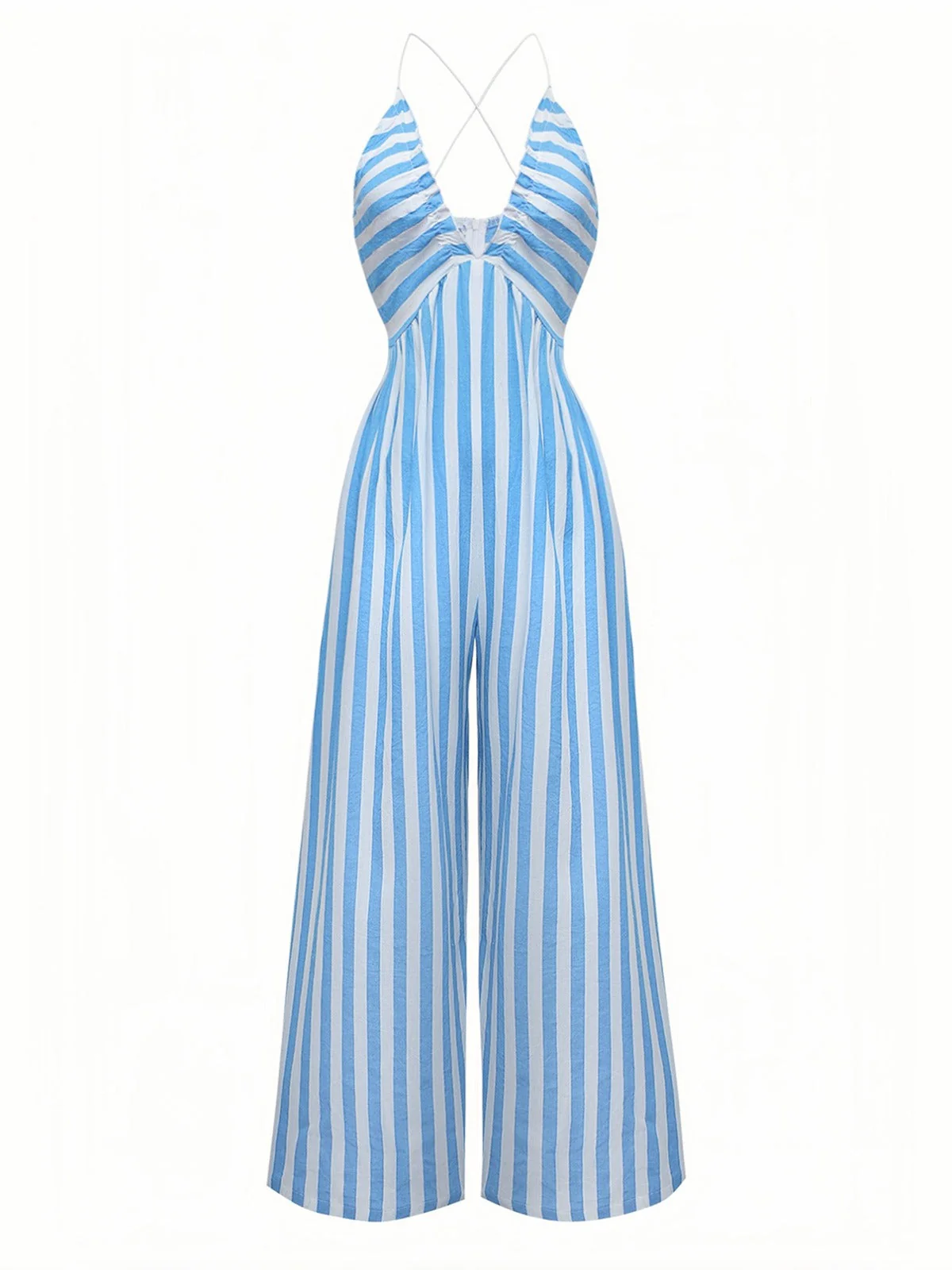 Blau 1980er Streifen Tief V Spaghetti Träger Jumpsuit - Image 2