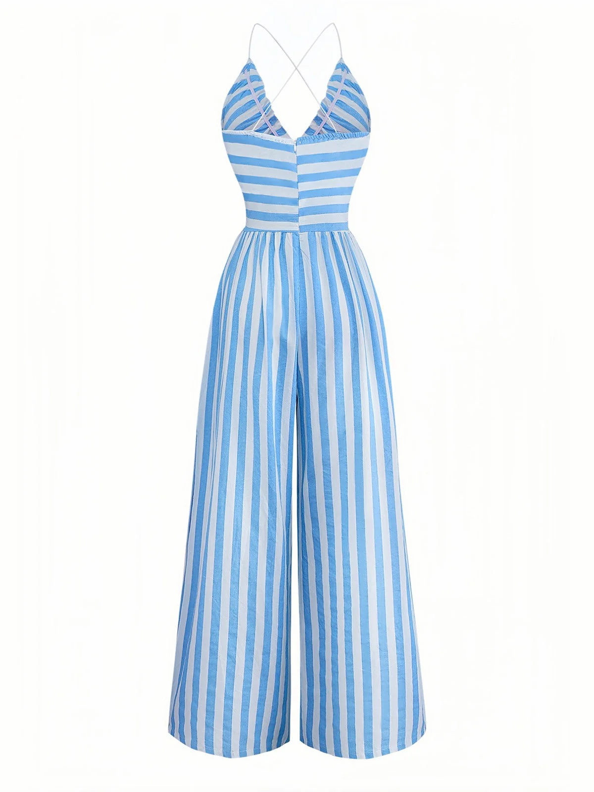 Blau 1980er Streifen Tief V Spaghetti Träger Jumpsuit - Image 3
