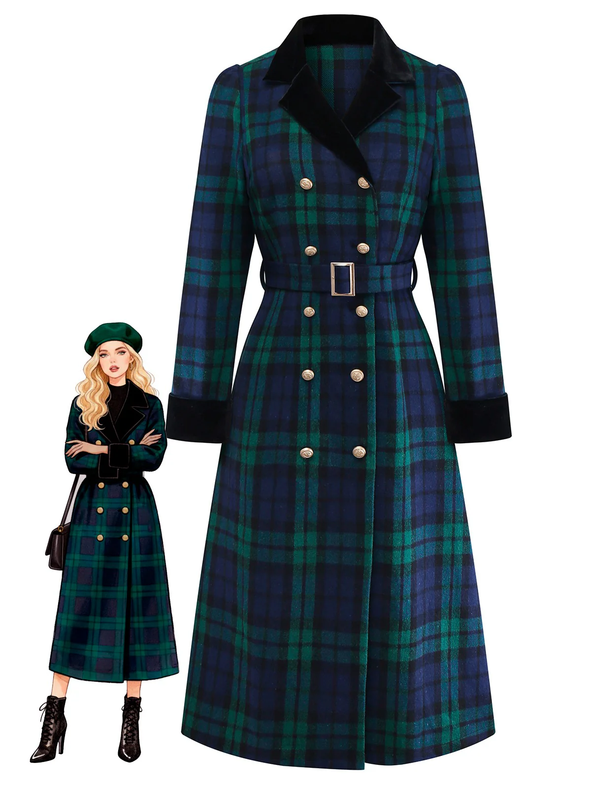 Blau & Grün 1940er Plaid Kerbkragen Mantel