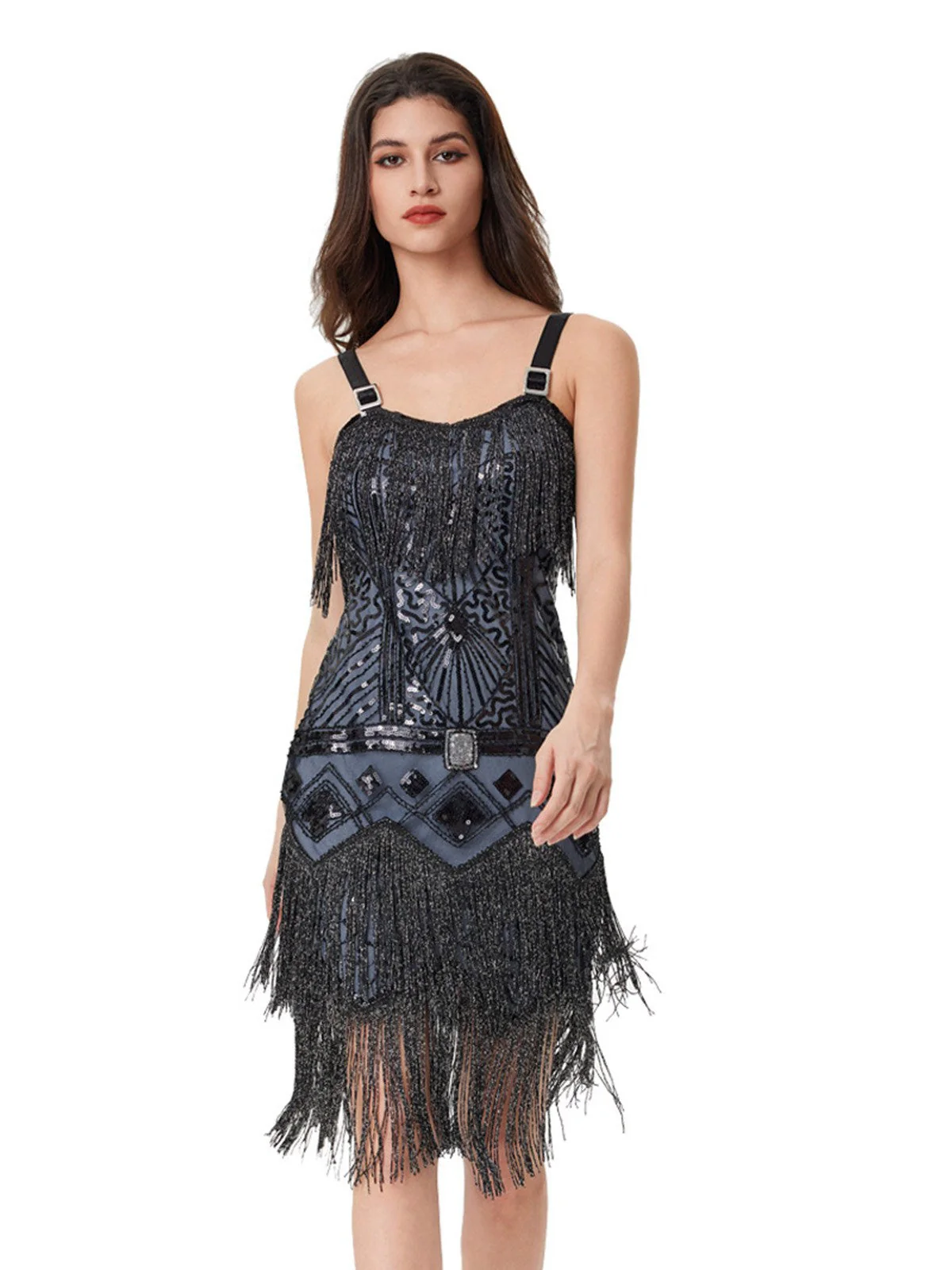 Blau Grau 1920er Pailletten Quaste Ball Perlen Slip Kleid - Image 2