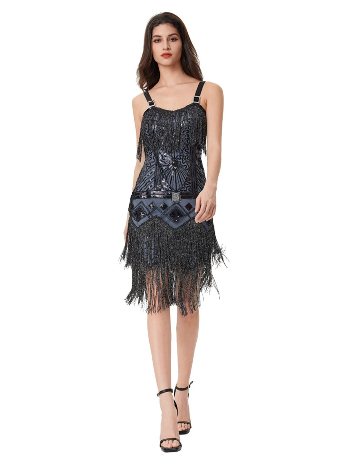 Blau Grau 1920er Pailletten Quaste Ball Perlen Slip Kleid - Image 5