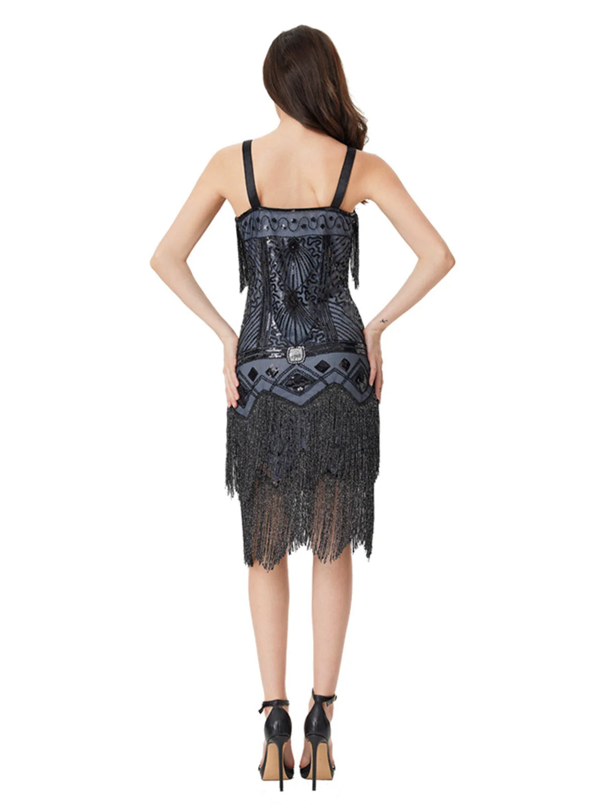 Blau Grau 1920er Pailletten Quaste Ball Perlen Slip Kleid - Image 6