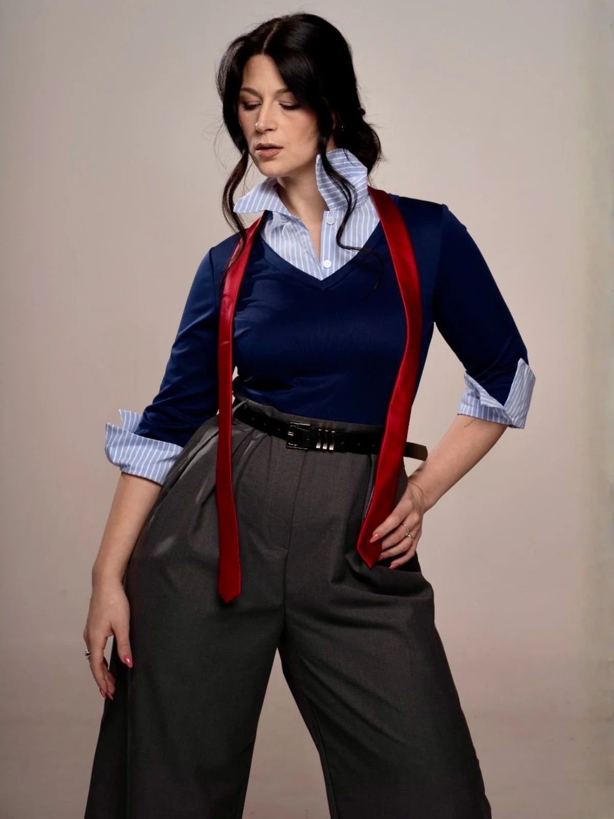 Blau & Grau 1940er Stricken Farbblock 3/4 Ärmel Shirt Jumpsuit - Image 2