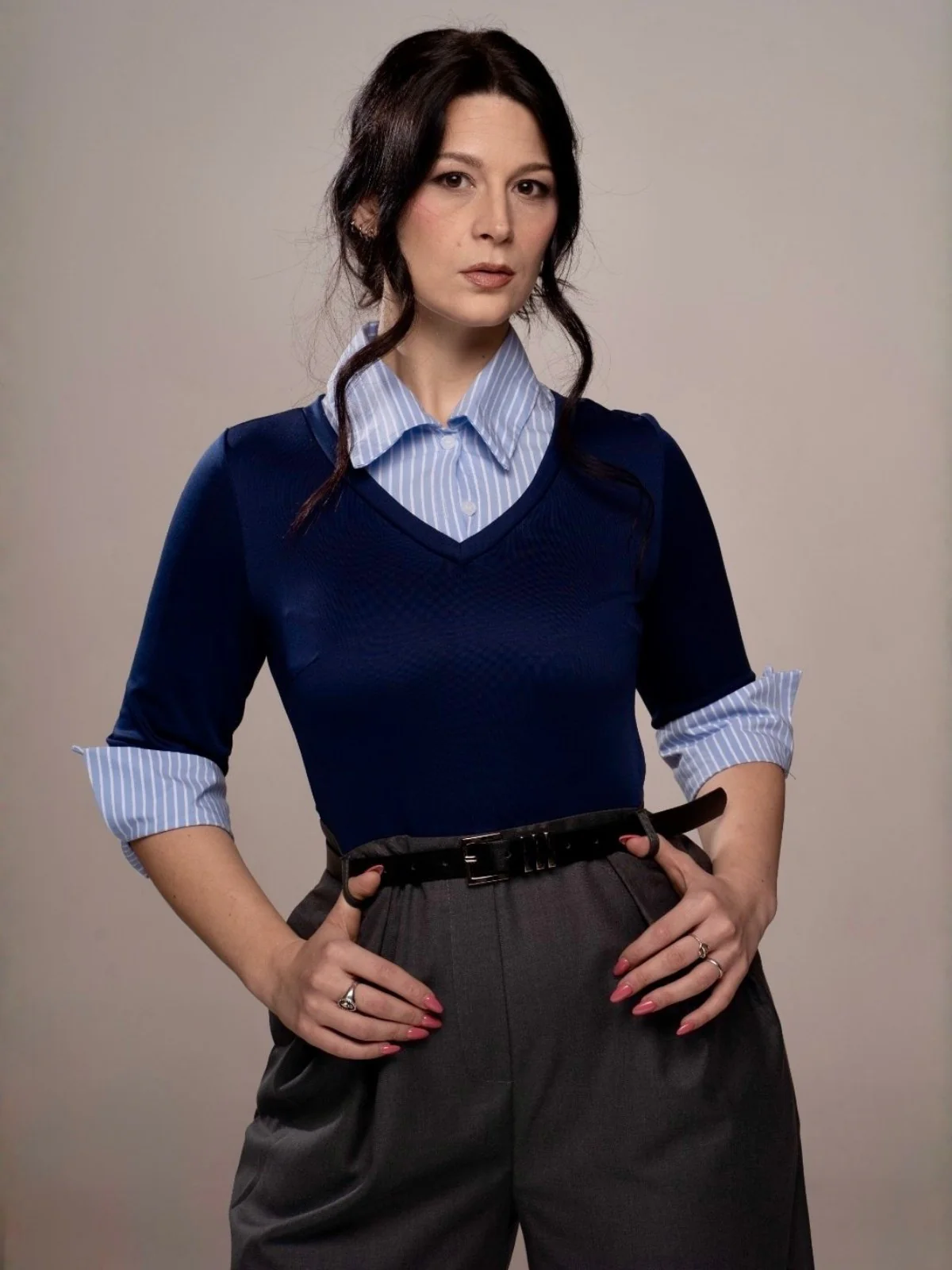 Blau & Grau 1940er Stricken Farbblock 3/4 Ärmel Shirt Jumpsuit - Image 3