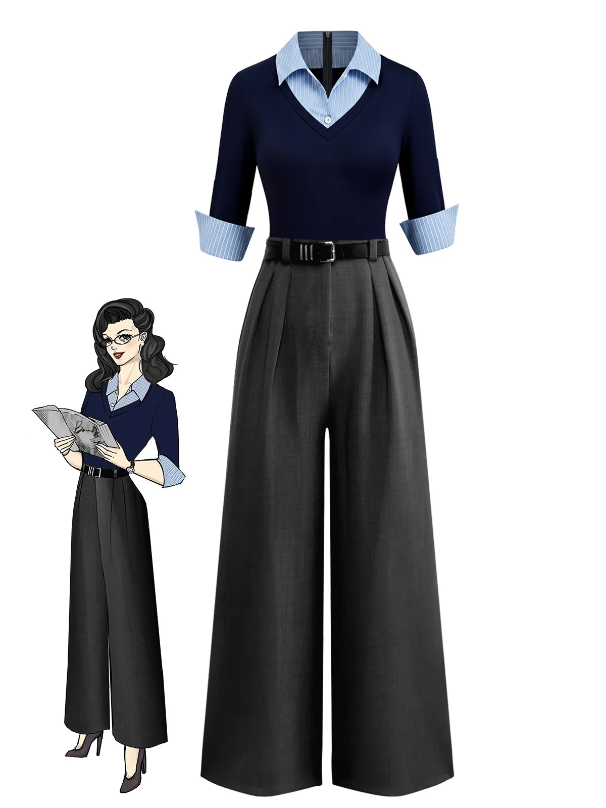 Blau & Grau 1940er Stricken Farbblock 3/4 Ärmel Shirt Jumpsuit - Image 2