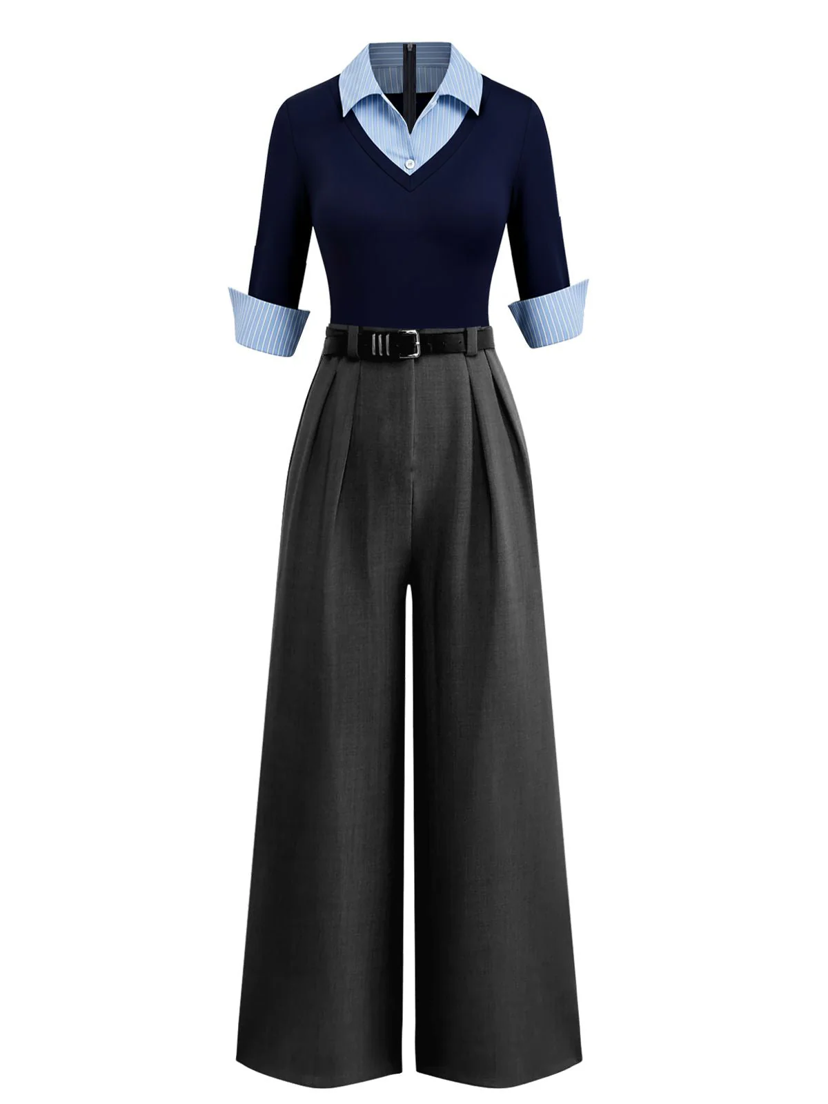 Blau & Grau 1940er Stricken Farbblock 3/4 Ärmel Shirt Jumpsuit - Image 3