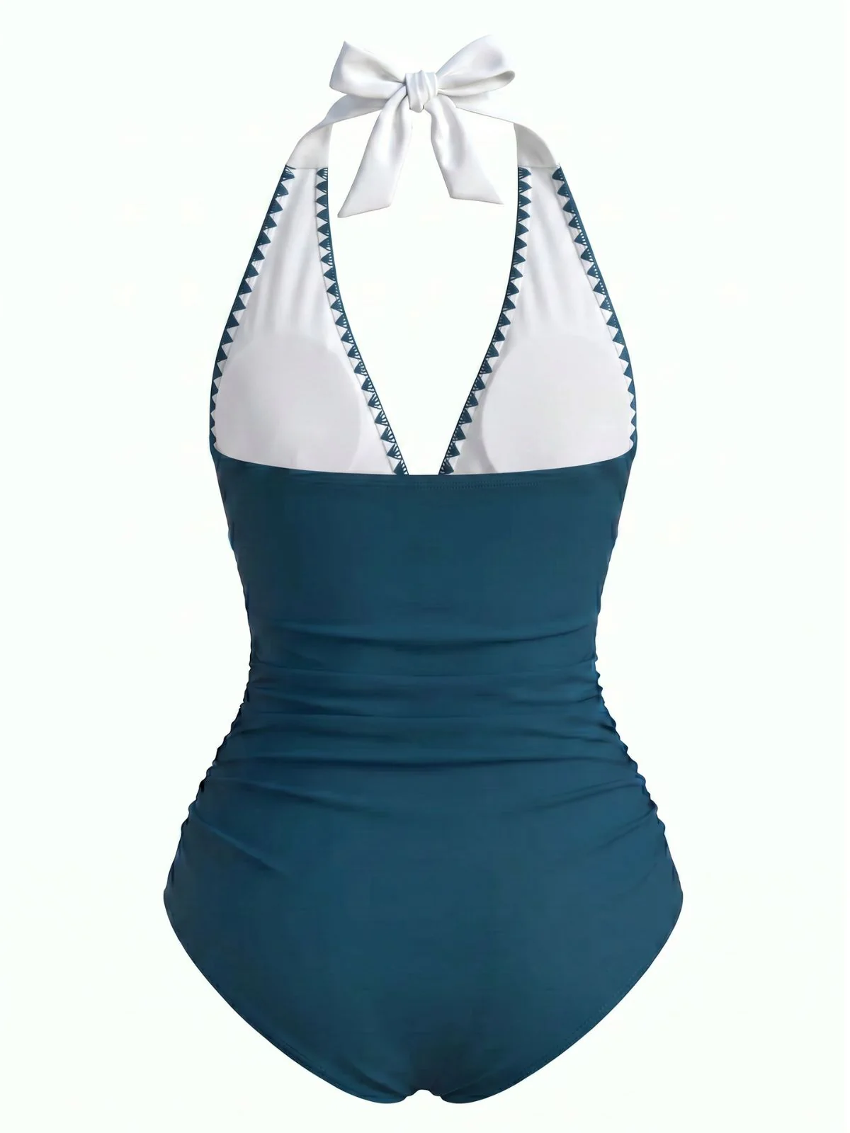 Blau & Weiß 1950er Zickzack Bestickt V-Ausschnitt Badeanzug - Image 3