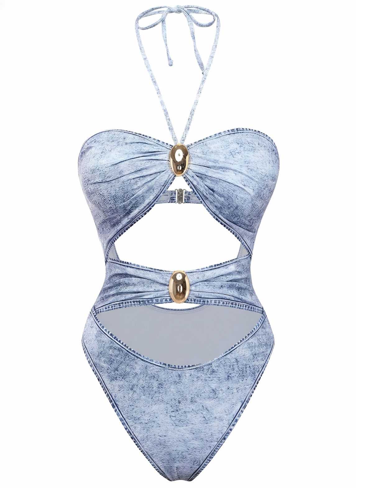Blau Y2K Denim Muster Halter Cut-Out Einteiliger Badeanzug - Image 2