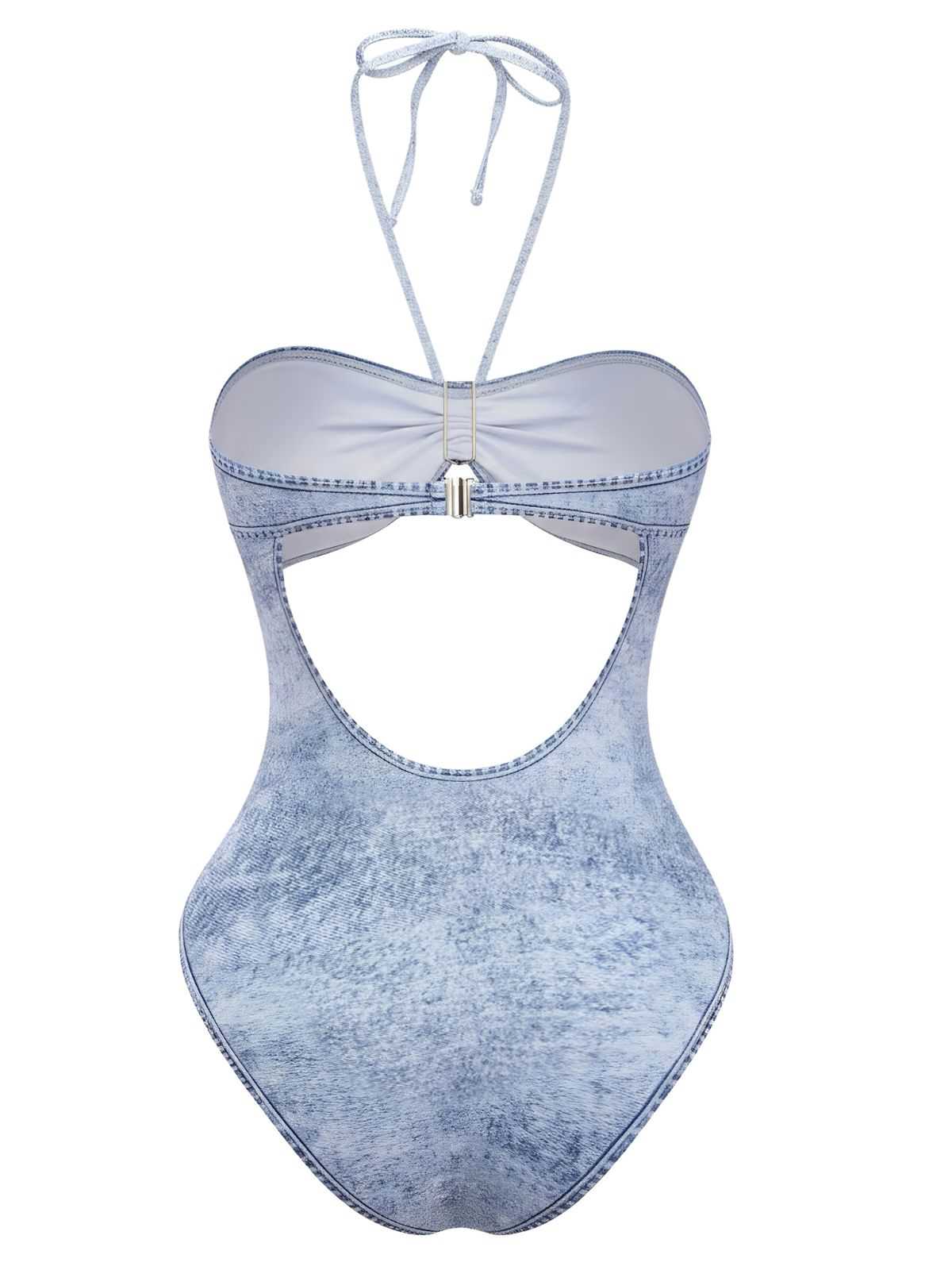 Blau Y2K Denim Muster Halter Cut-Out Einteiliger Badeanzug - Image 3