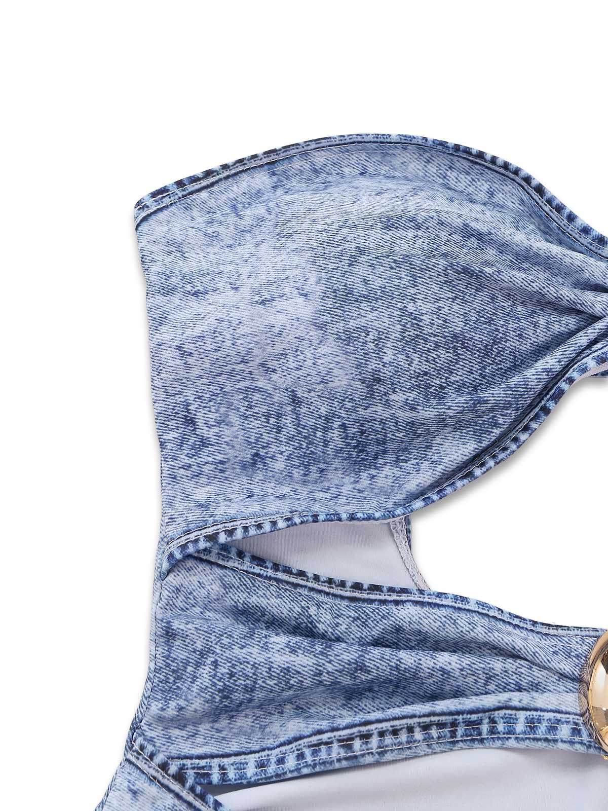Blau Y2K Denim Muster Halter Cut-Out Einteiliger Badeanzug - Image 5
