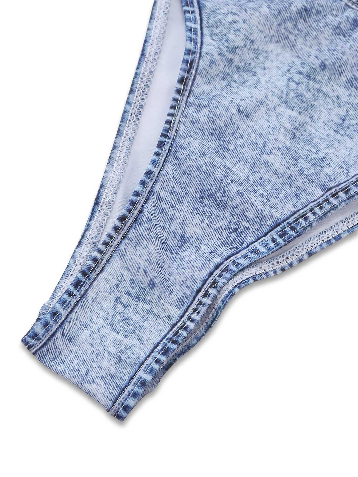 Blau Y2K Denim Muster Halter Cut-Out Einteiliger Badeanzug - Image 6