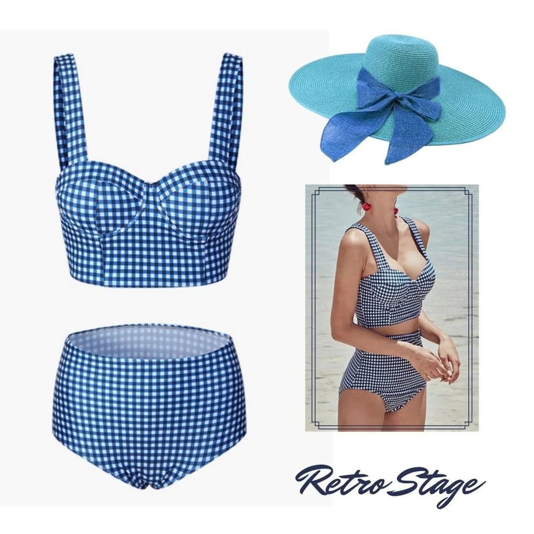 BLAUEM KARIERTEM BÄNDER BIKINI SET - Image 2