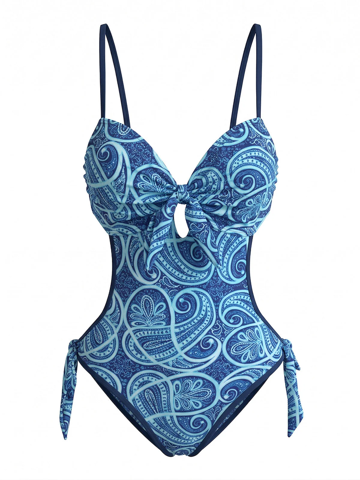 Blauer 70er Boho Badeanzug mit Paisley und Cut-out - Image 2