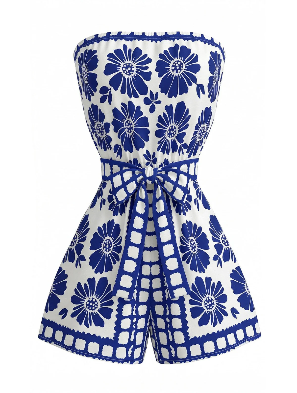 Blauer 70er Trägerloser Romper mit Blumen und Gürtel - Image 2