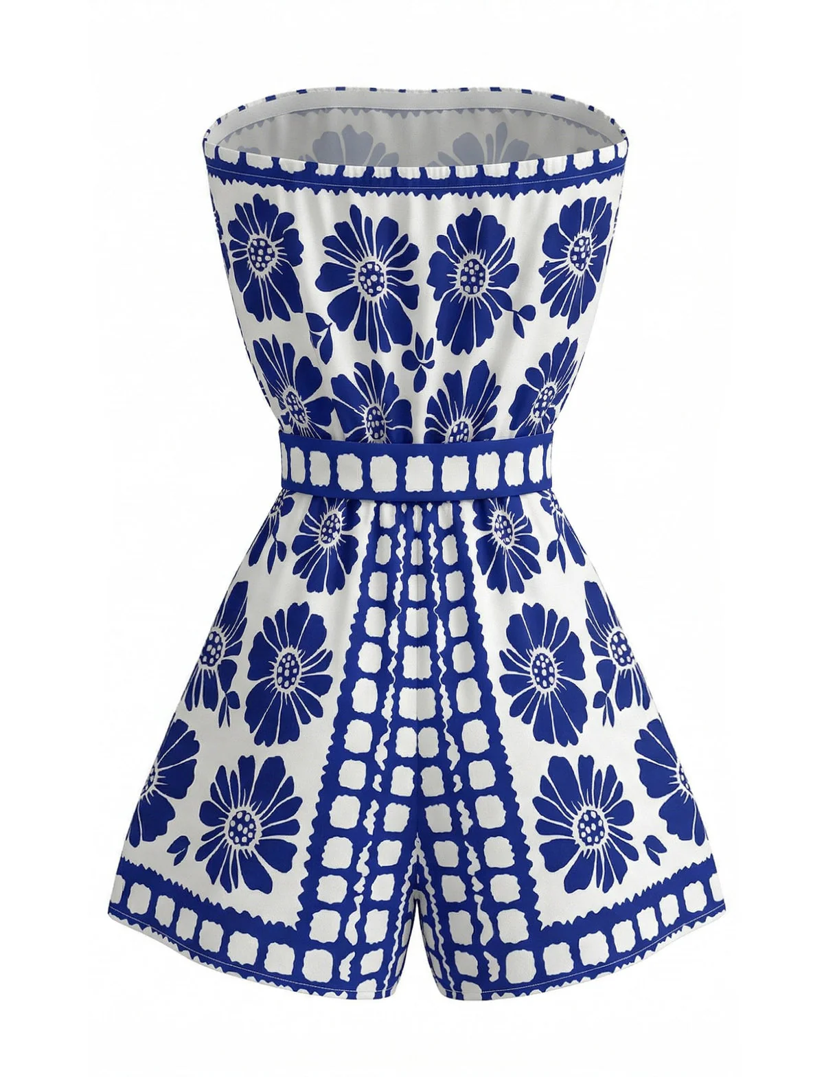 Blauer 70er Trägerloser Romper mit Blumen und Gürtel - Image 3