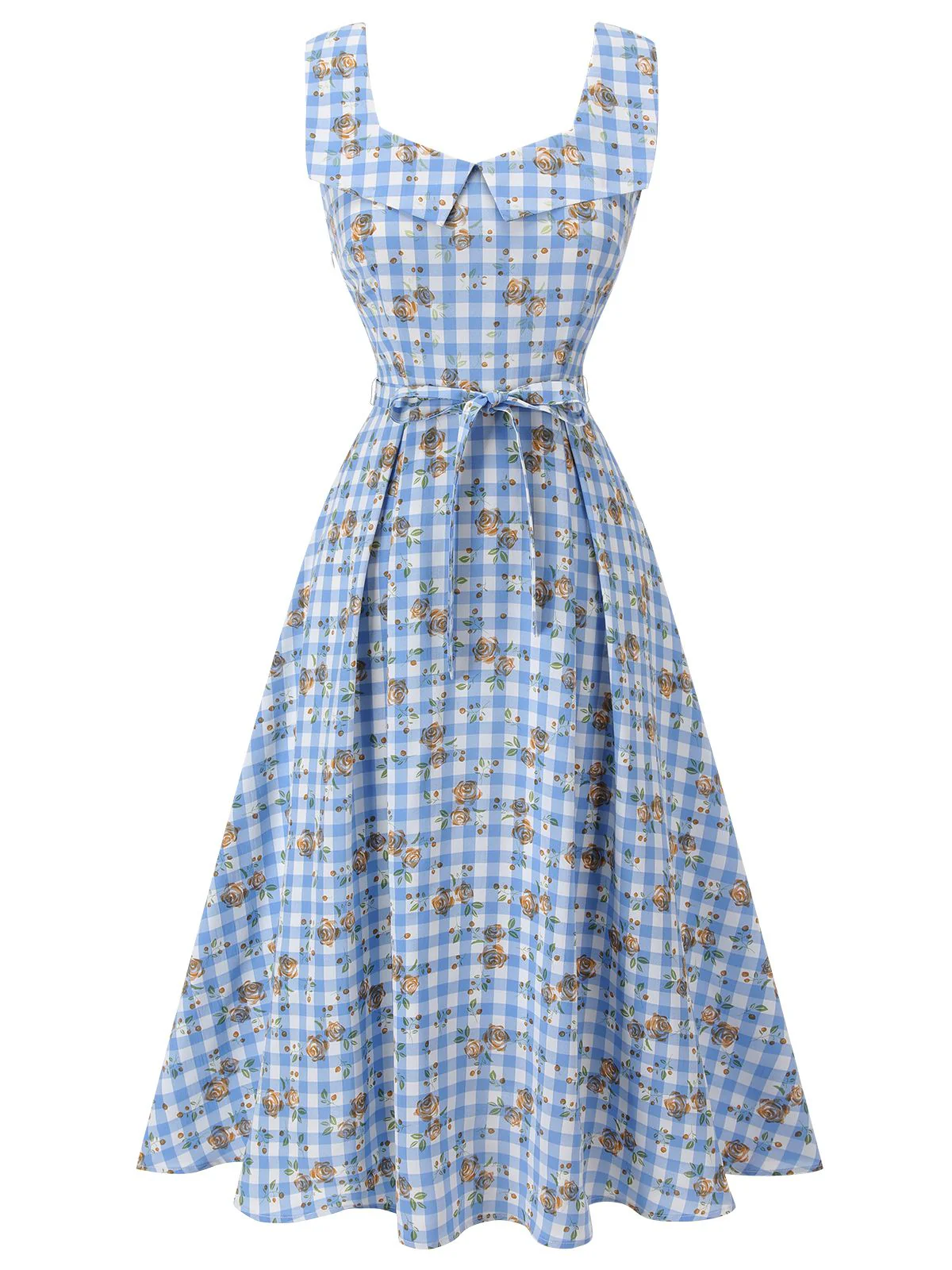 Blaues 1940er Rose Plaid Lace Up Kleid - Image 4