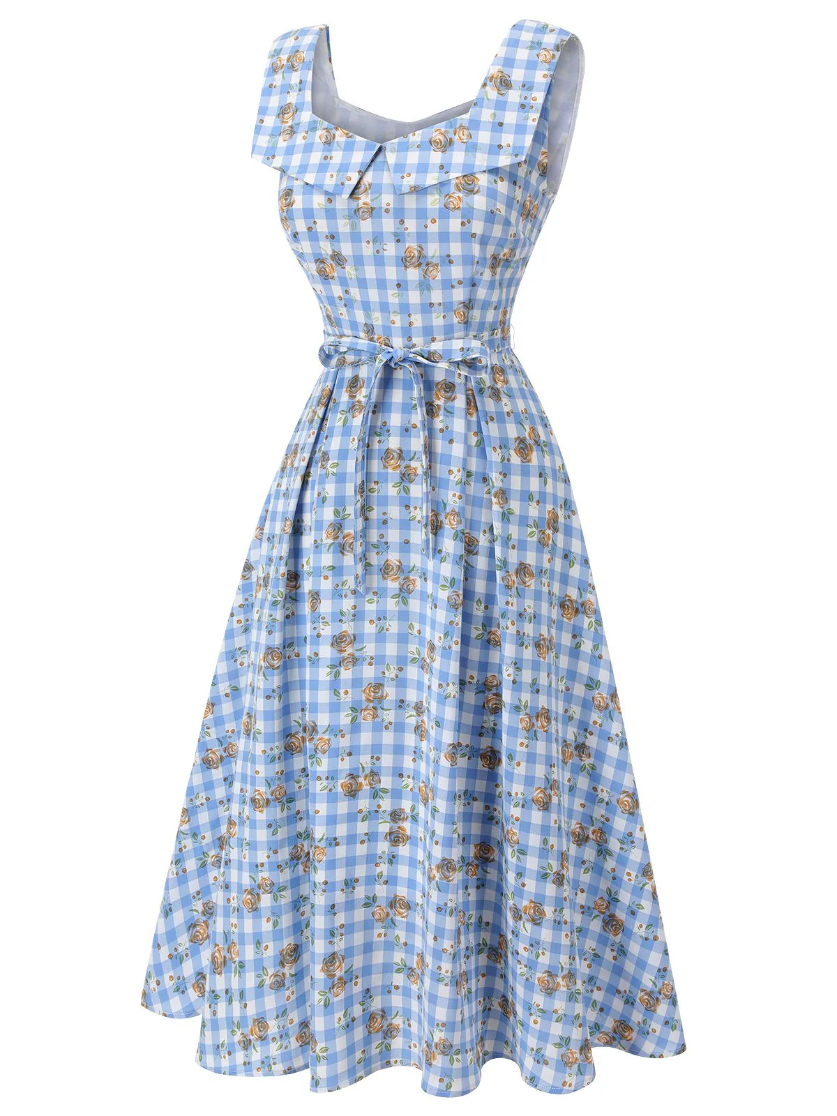 Blaues 1940er Rose Plaid Lace Up Kleid - Image 5