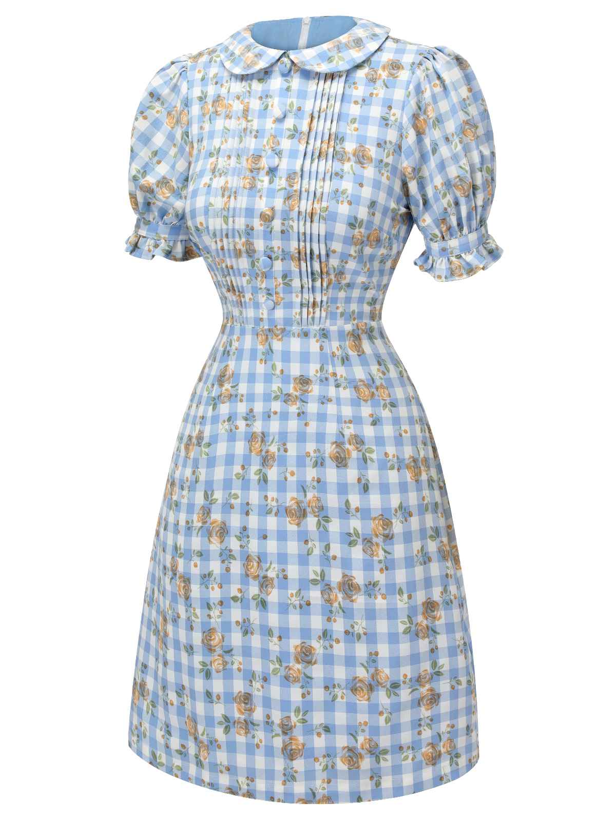 Blaues 1960er Puffärmel-Kleid mit Blumenmuster - Image 3