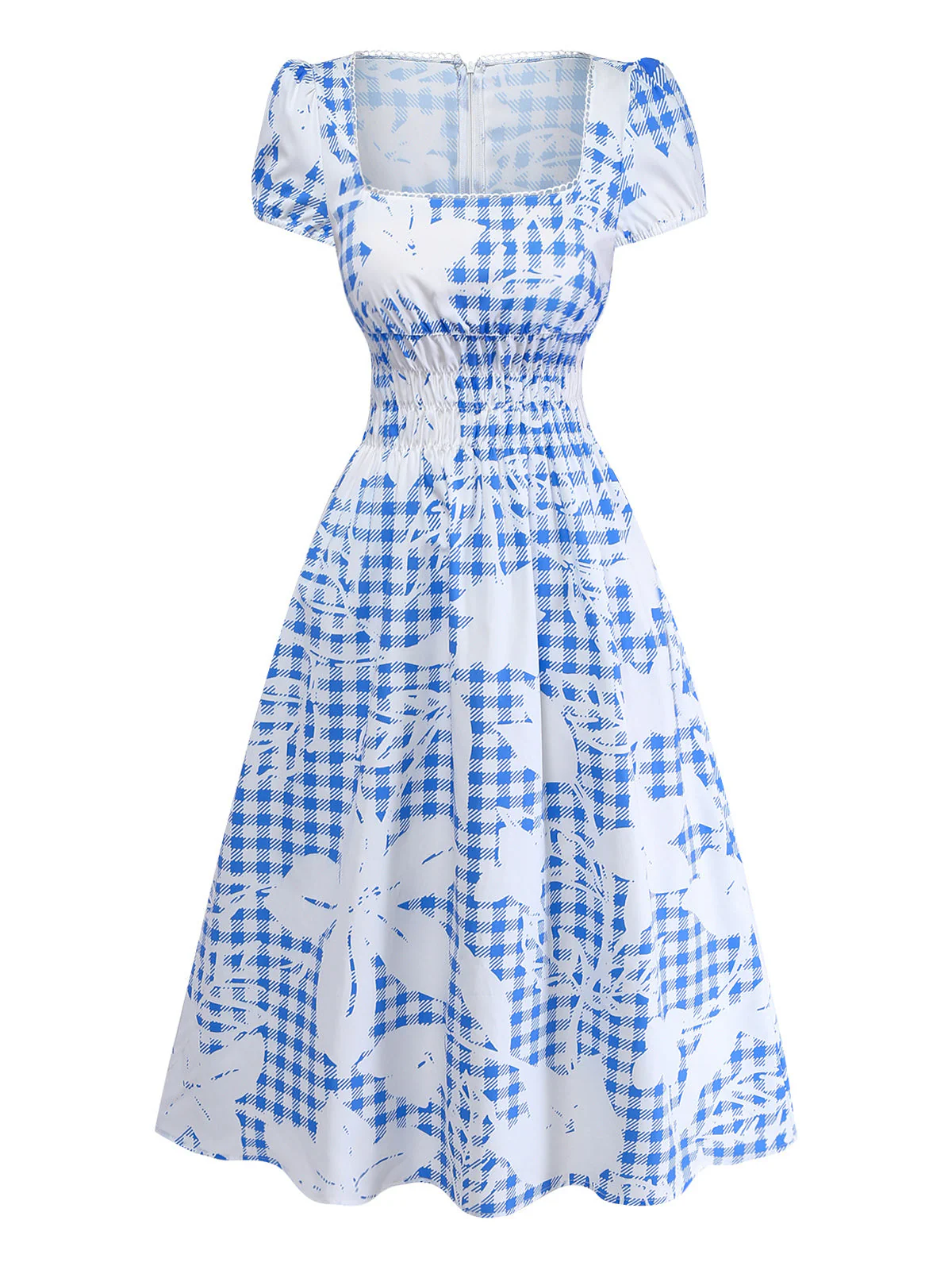 [Vorverkauf] Blaues 40er Smockkleid mit Karo und Blumen - Image 2