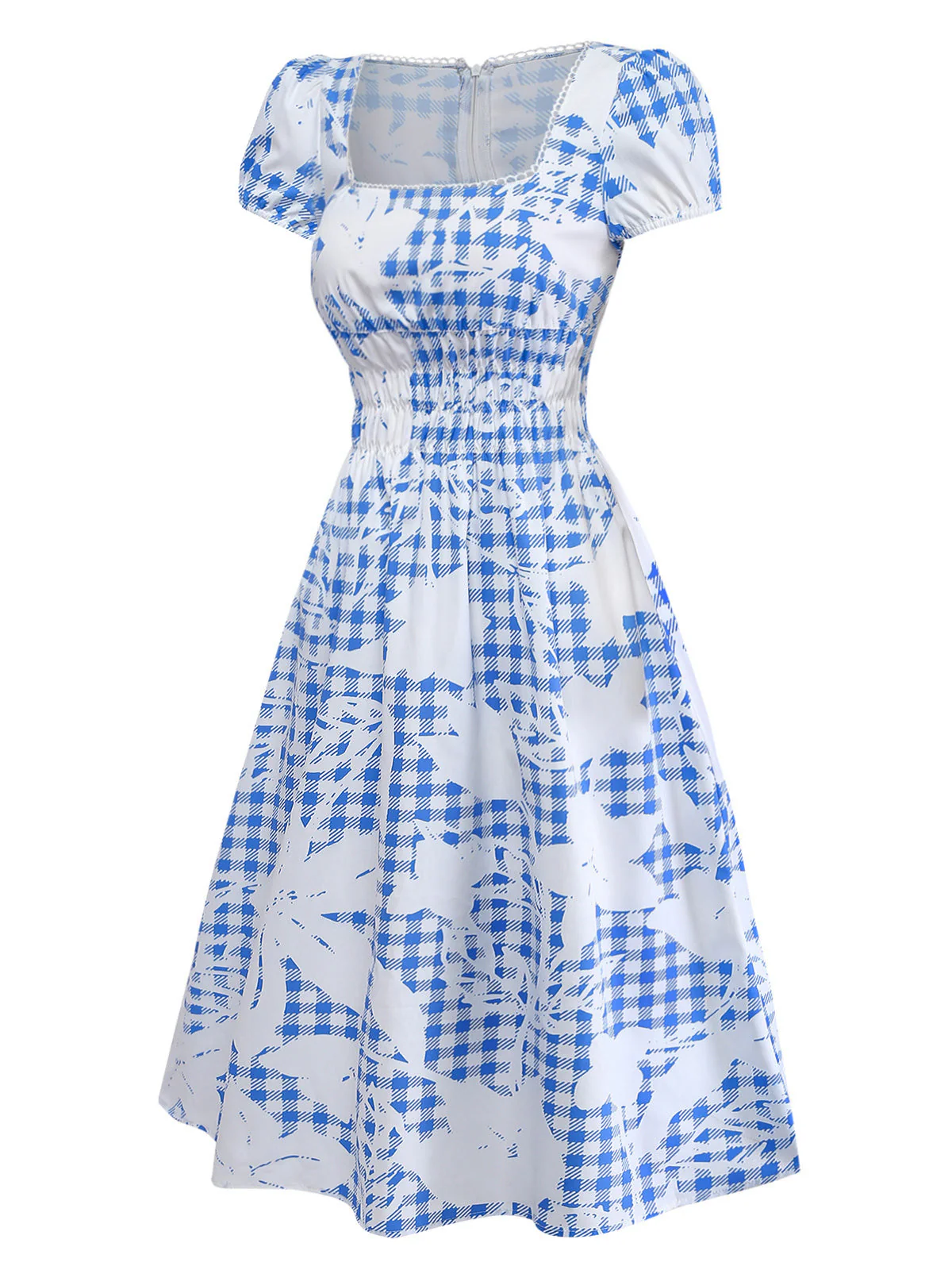 [Vorverkauf] Blaues 40er Smockkleid mit Karo und Blumen - Image 3
