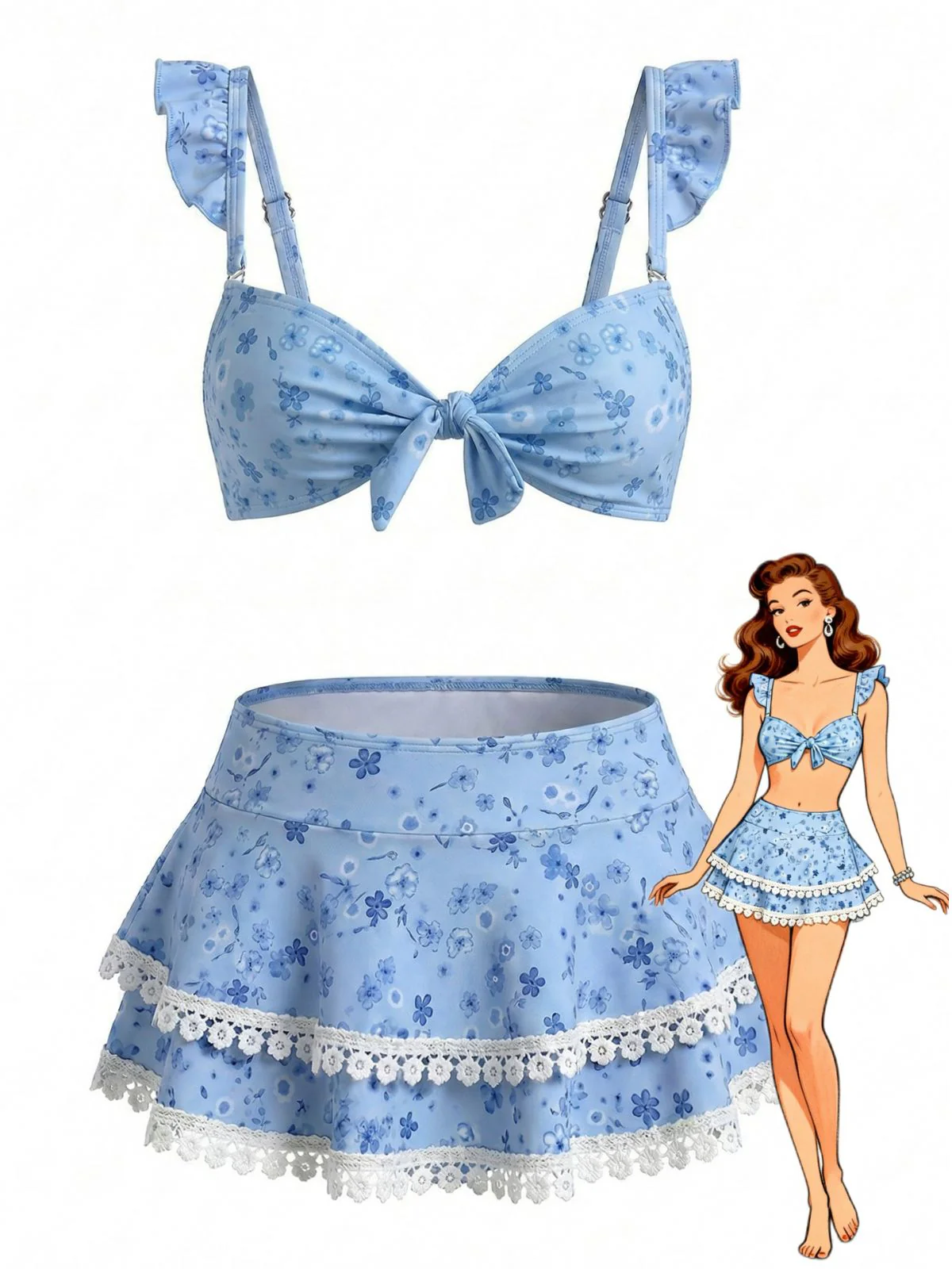 Blaues 50er Bikini-Set mit Blumen und Rüschen