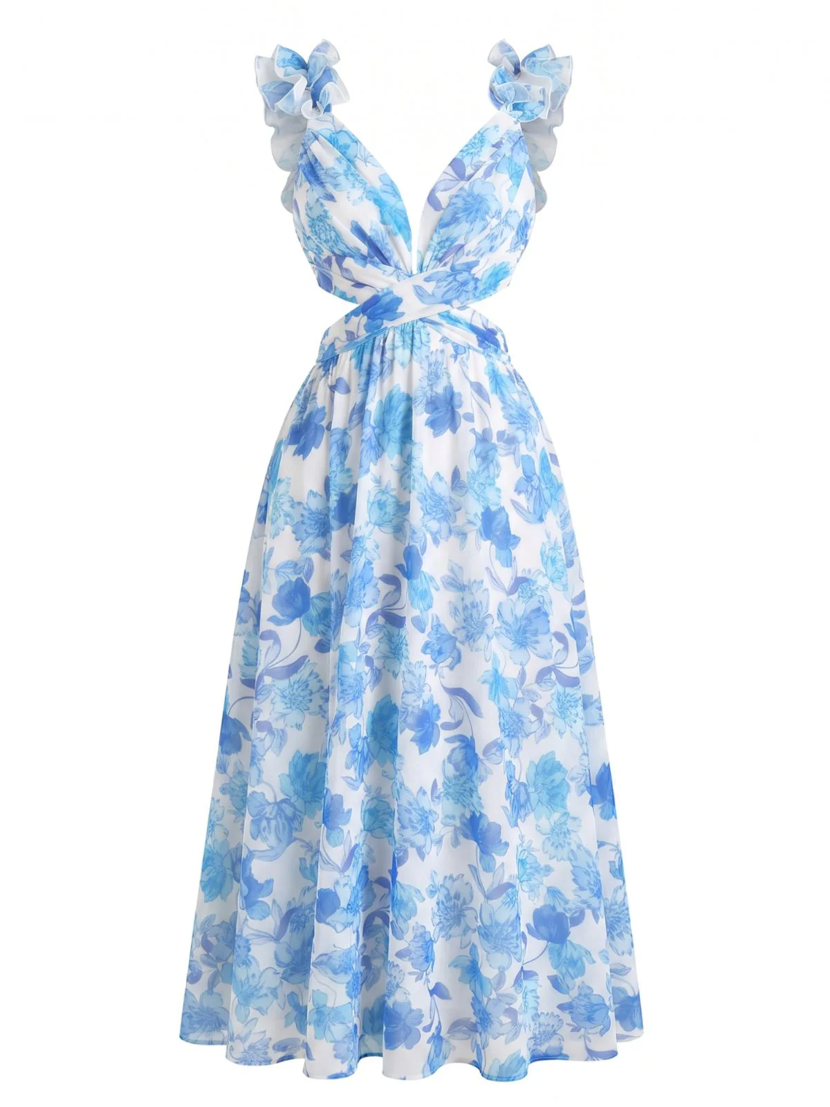 Blaues 50er Maxikleid mit Blumen-Print und Rüschen - Image 2