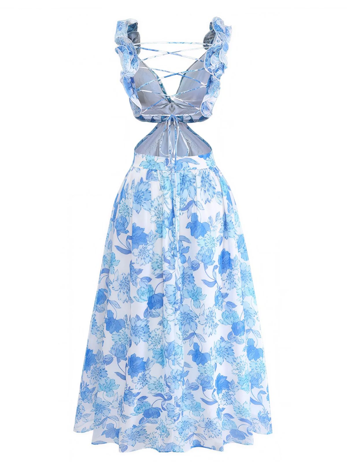 Blaues 50er Maxikleid mit Blumen-Print und Rüschen - Image 3