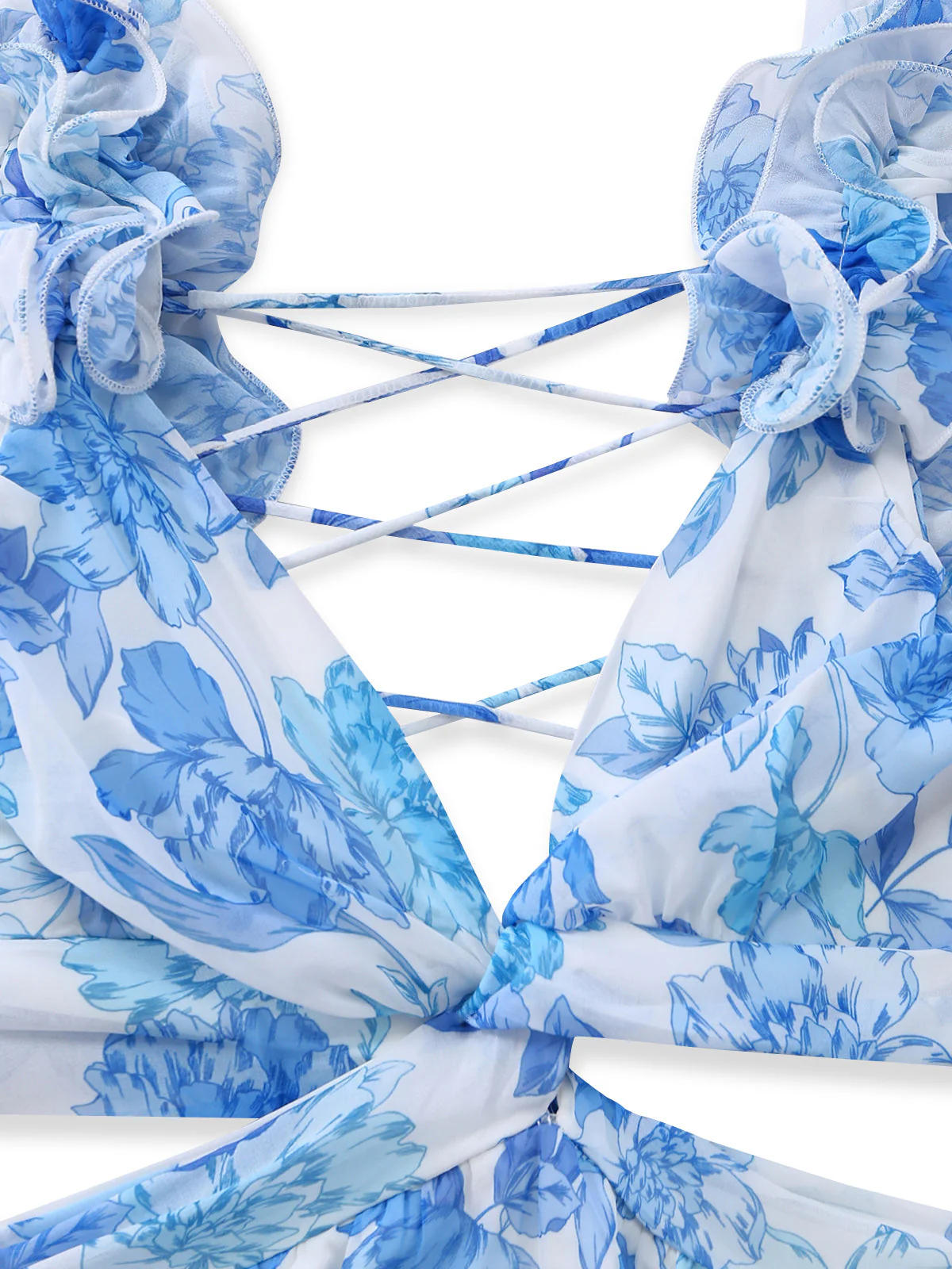 Blaues 50er Maxikleid mit Blumen-Print und Rüschen - Image 5