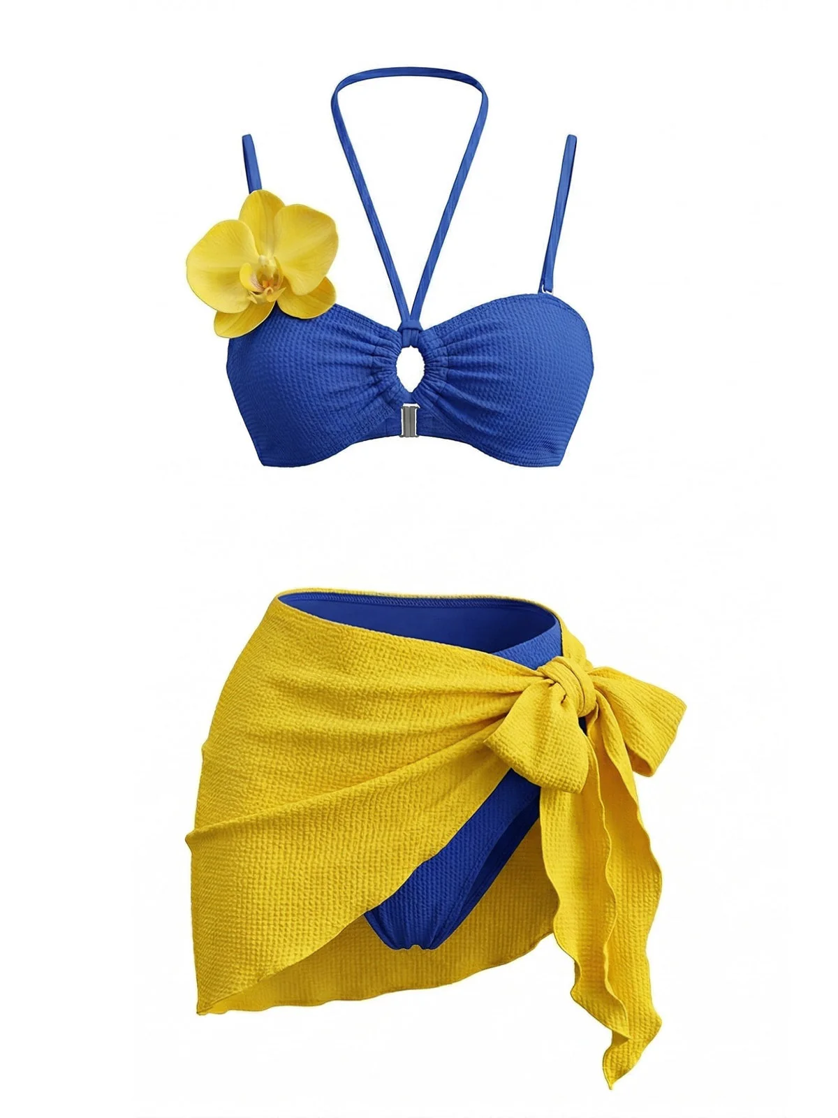 Blaues 80er Bikini-Set & gelbes Cover-Up mit Phalaenopsis und Neckholder - Image 2