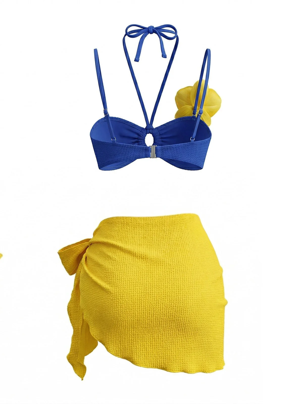Blaues 80er Bikini-Set & gelbes Cover-Up mit Phalaenopsis und Neckholder - Image 3