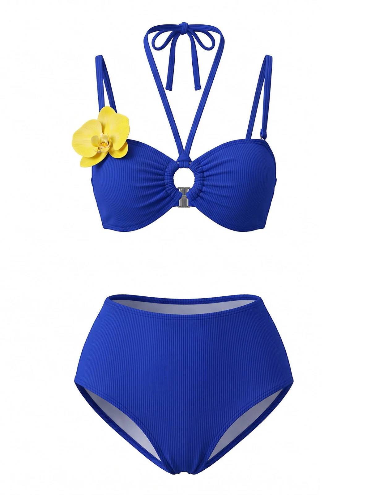 Blaues 80er Bikini-Set & gelbes Cover-Up mit Phalaenopsis und Neckholder - Image 4