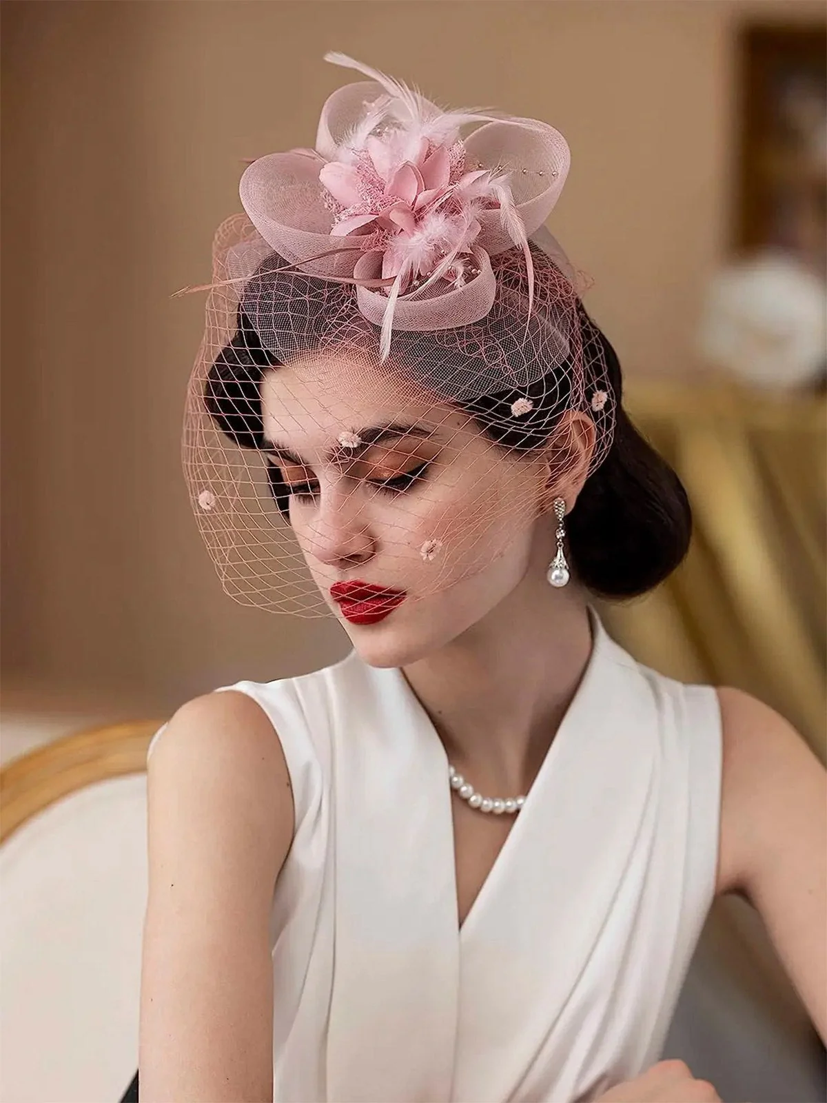 Blumen Feder Fascinator-Hut mit Schleier - Image 3