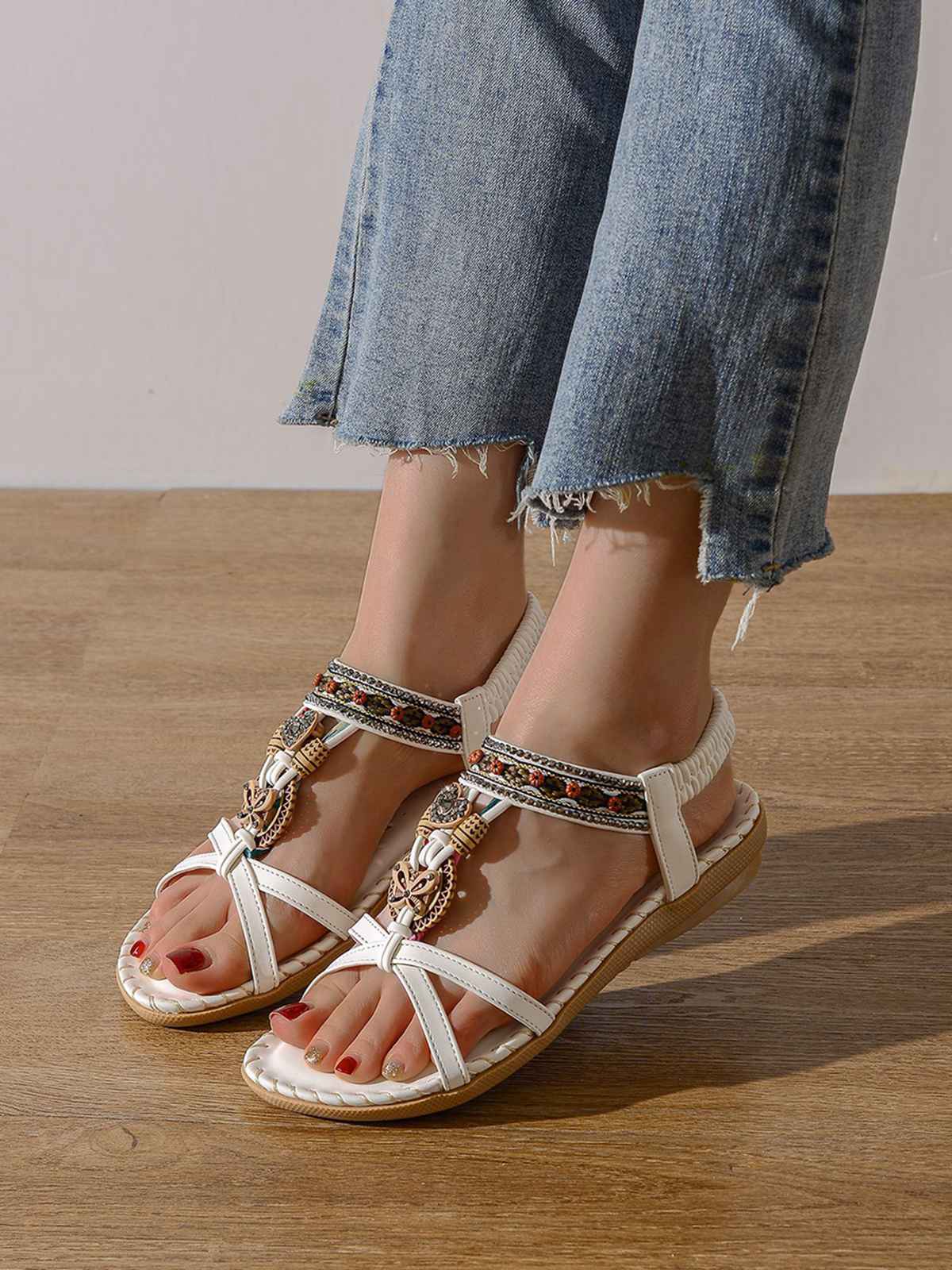 Boho Schmetterling Herz Perlen Strassstein Flach Sandalen - Image 4