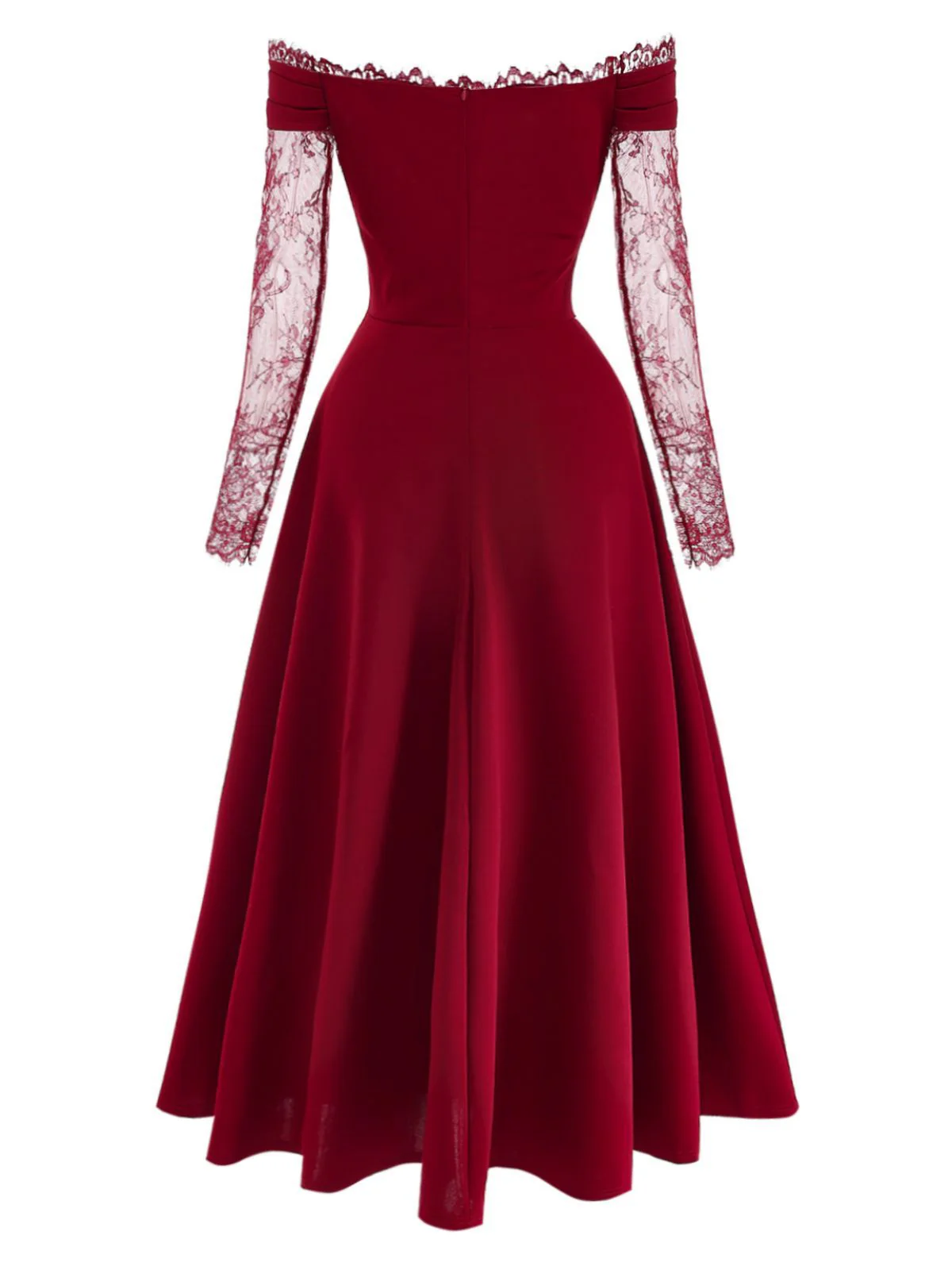 Bordeauxrot 1930er Schulterfrei Spitze Langarm Kleid - Image 3