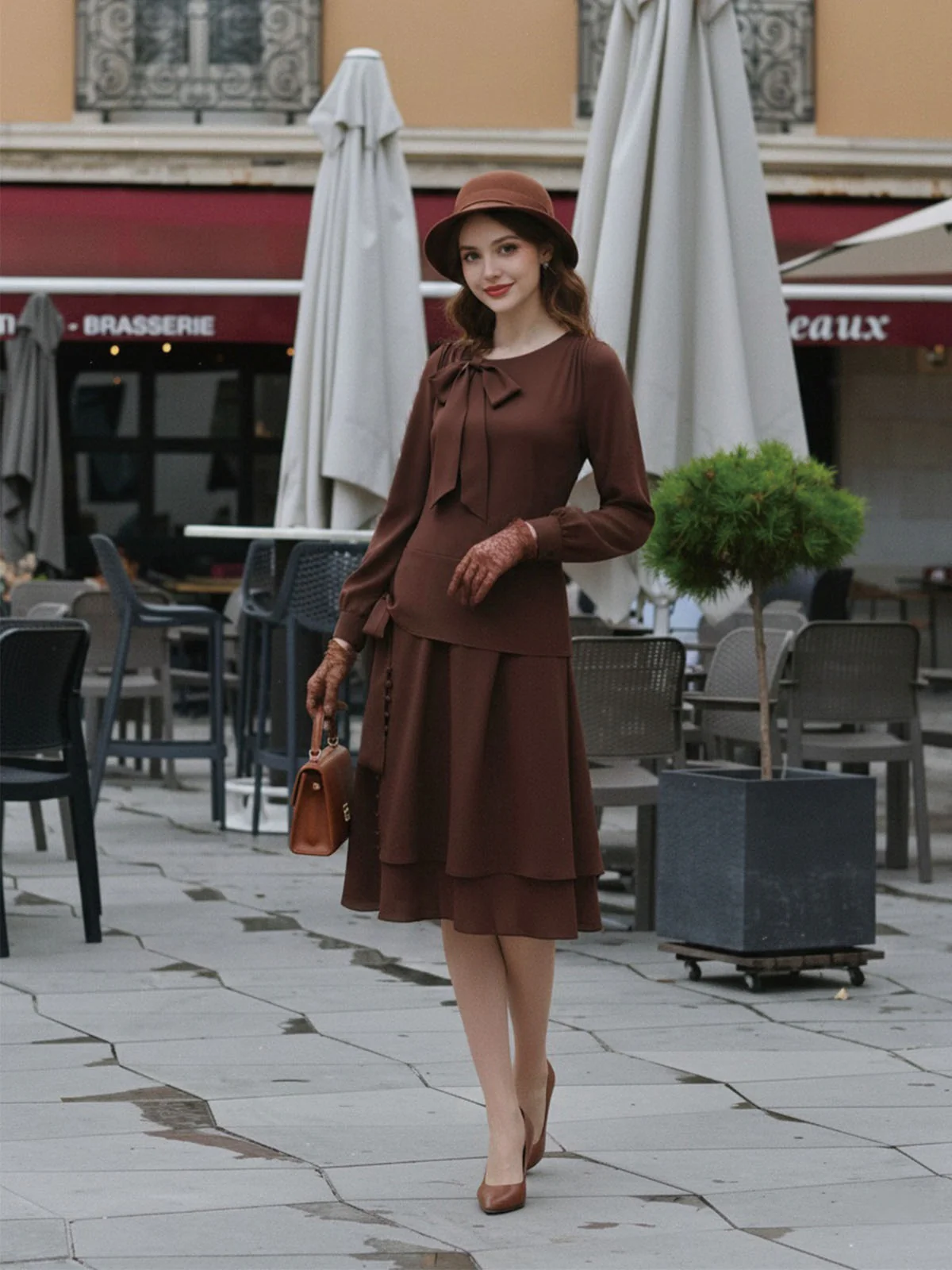 Braun 1920er Bogen Schleife Gürtel Taille Kleid - Image 2