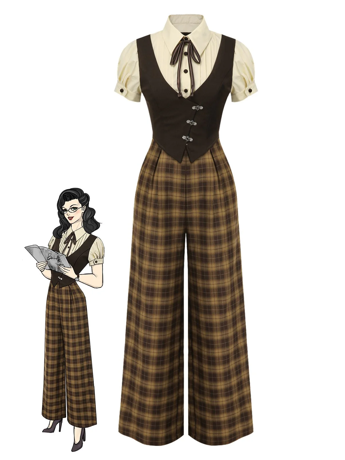Braun 1930er Gefälschte 3PCS Bogen Plaid Jumpsuit - Image 4