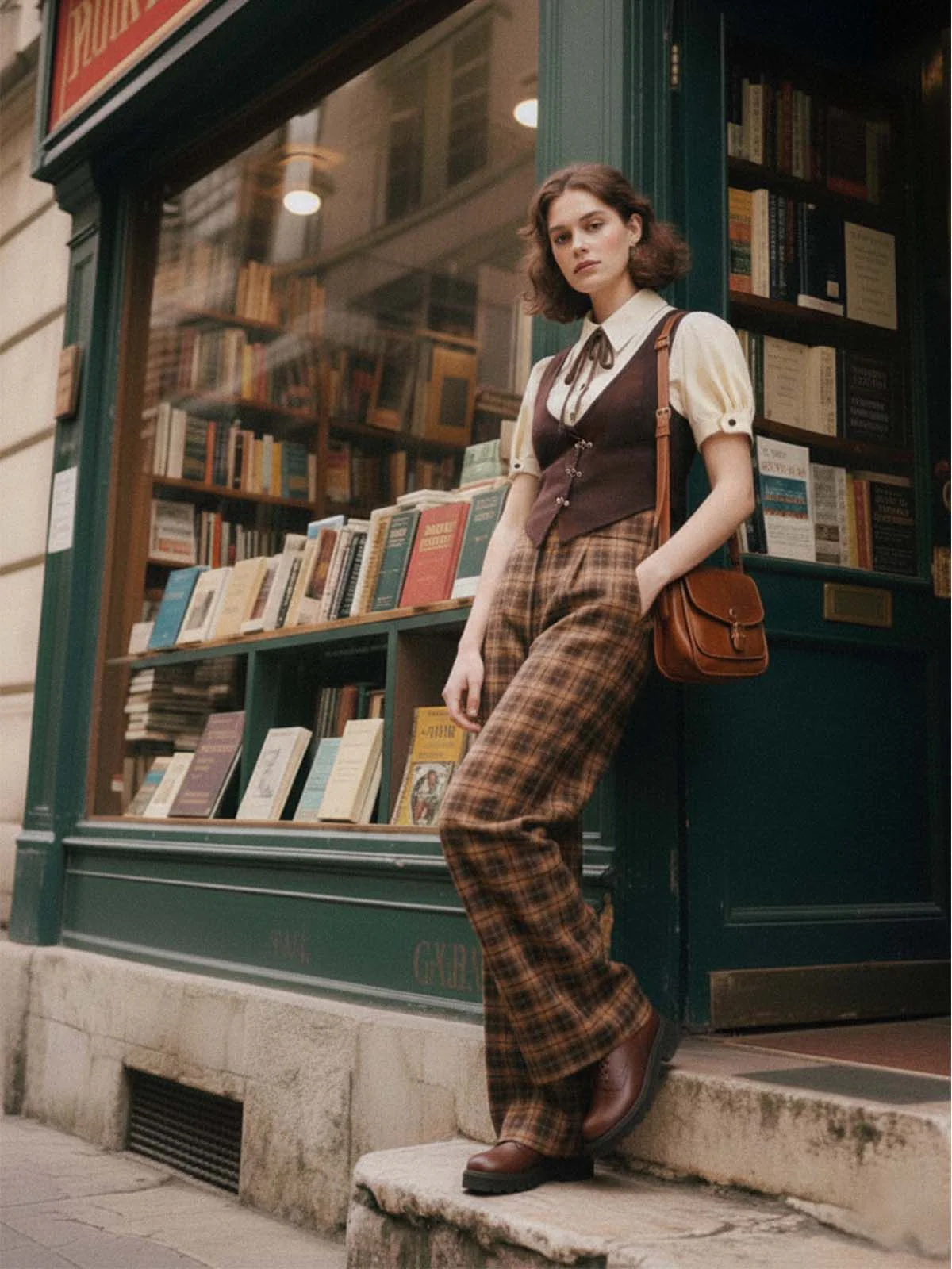 Braun 1930er Gefälschte 3PCS Bogen Plaid Jumpsuit - Image 5