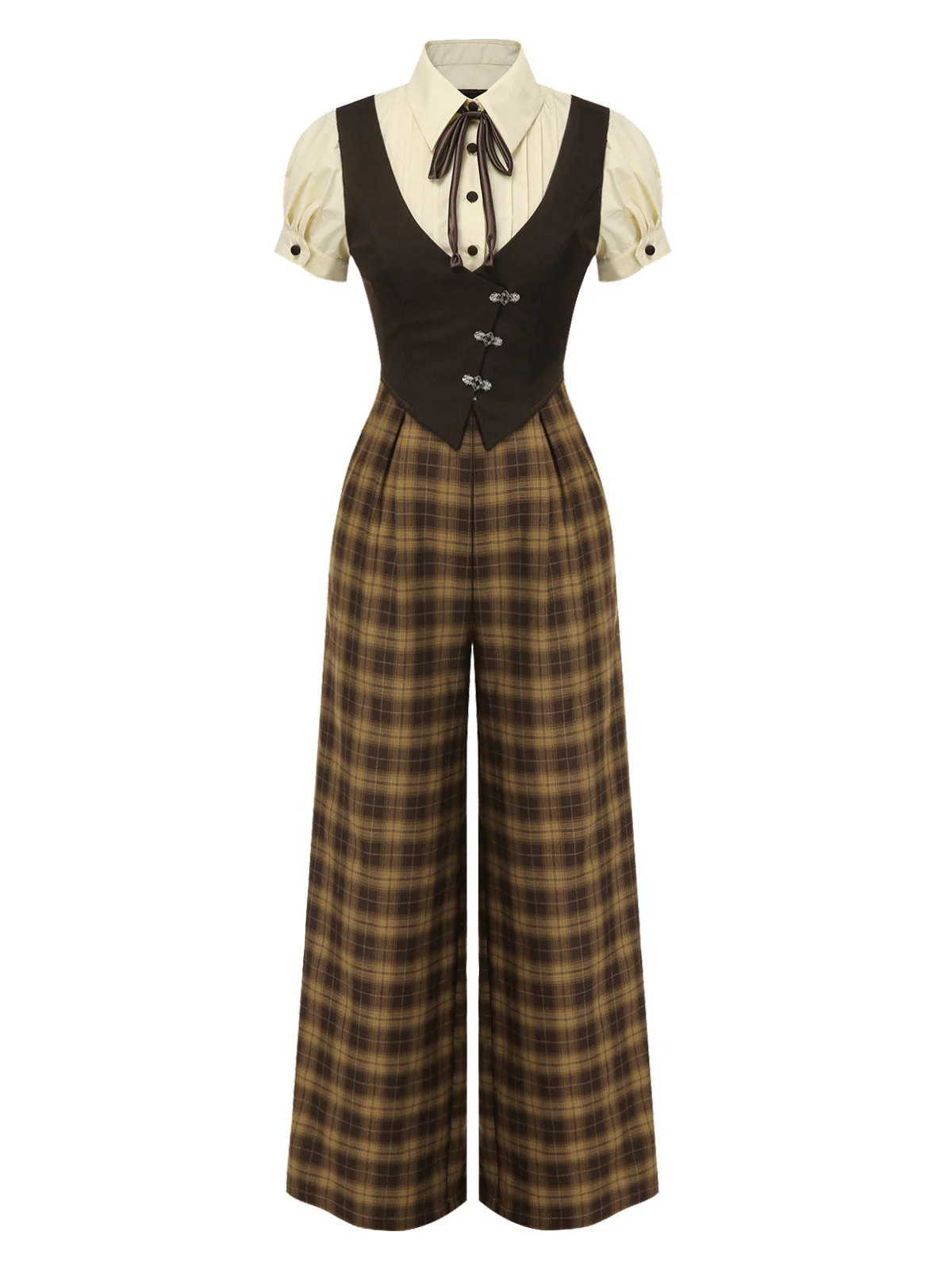 Braun 1930er Gefälschte 3PCS Bogen Plaid Jumpsuit - Image 6