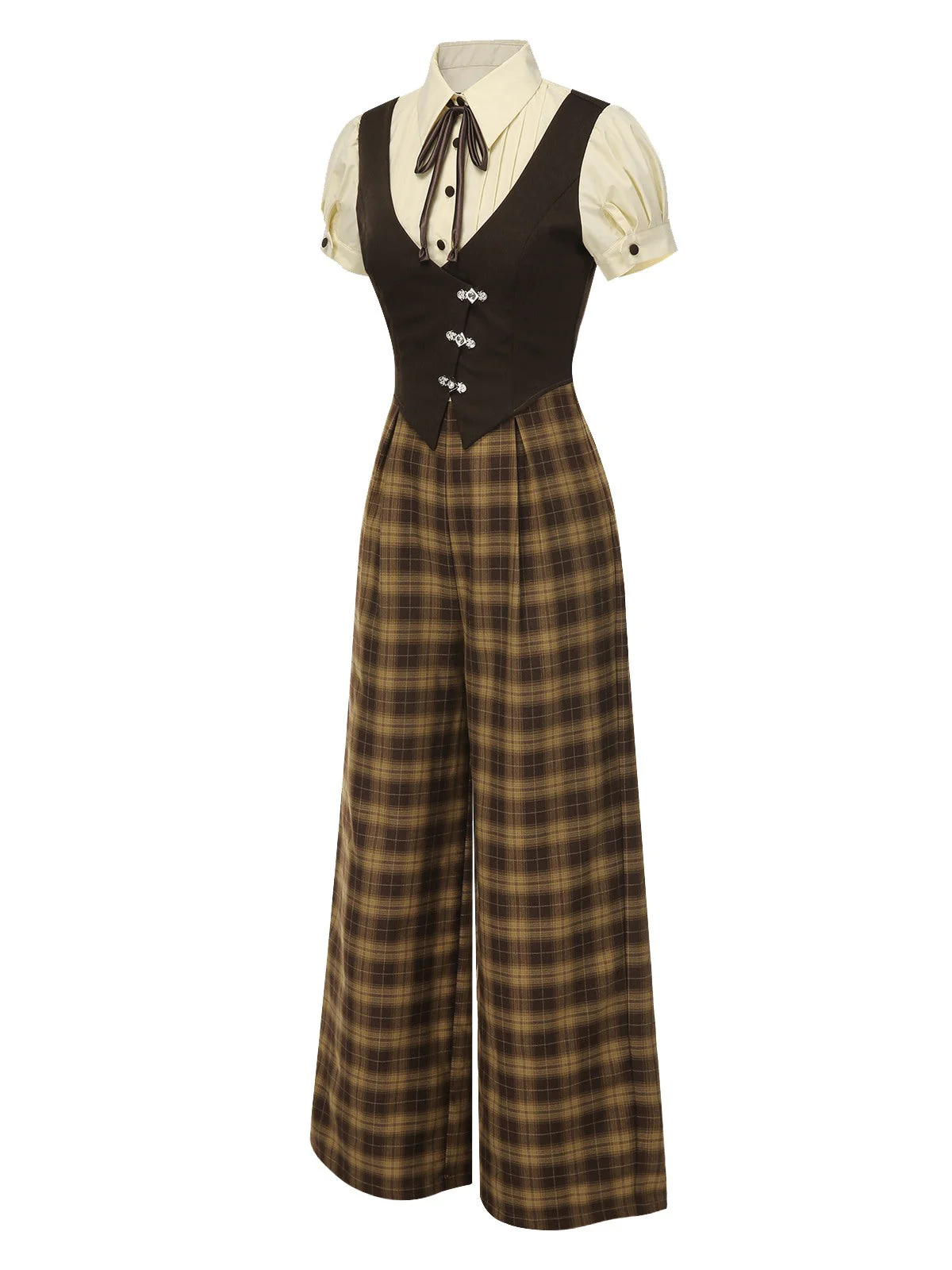 Braun 1930er Gefälschte 3PCS Bogen Plaid Jumpsuit - Image 7