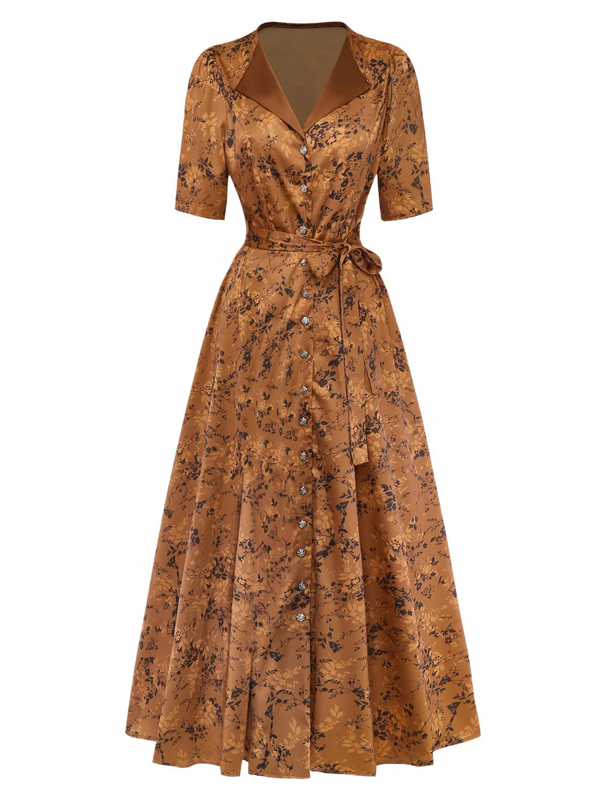 Braun 1930er Kleinblümchen Blumen Revers Maxi Kleid - Image 2