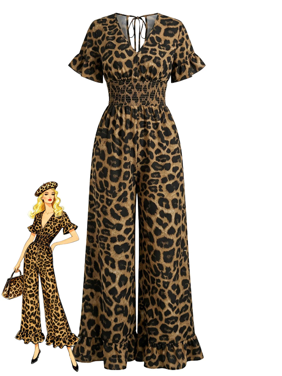 Braun 1930er Leopard Rüschen V-Ausschnitt Empire Taille Jumpsuit